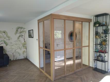 Création et pose d'une cloison vitrée ou verrière d'angle en chêne massif, huile environnement de blanchon, à Souffelweyersheim, 67 Alsace, vues de face autre